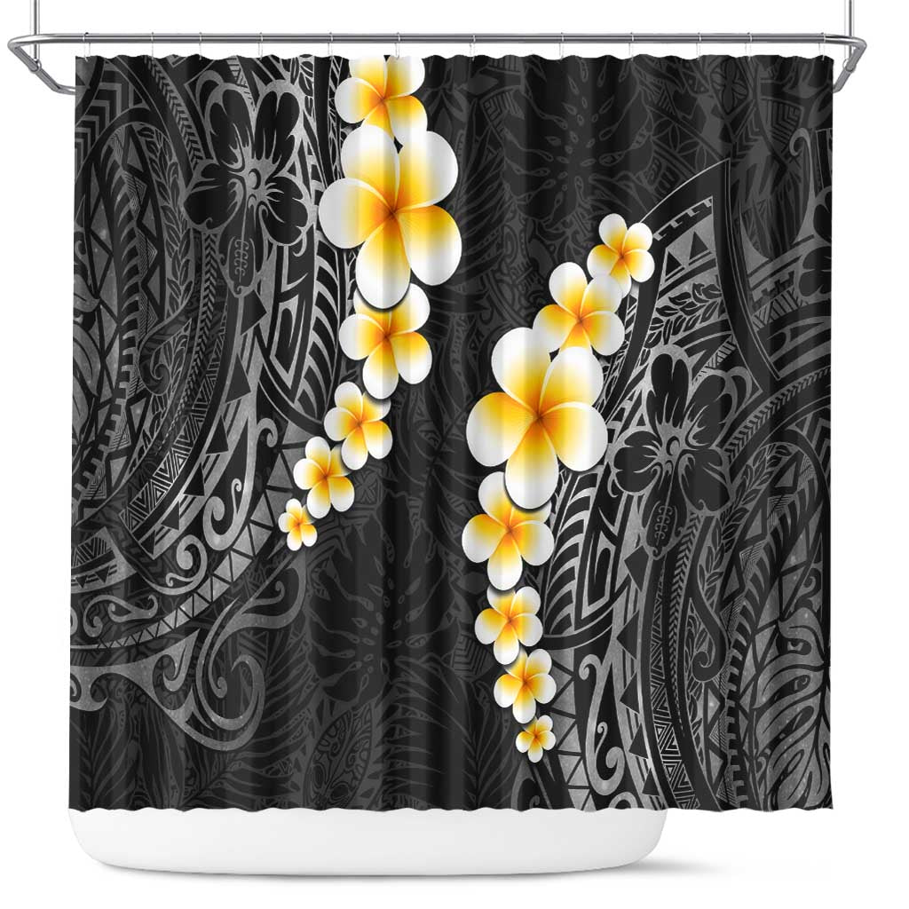 Black Tropical Plumeria With Galaxy Polynesian Art Shower Curtain