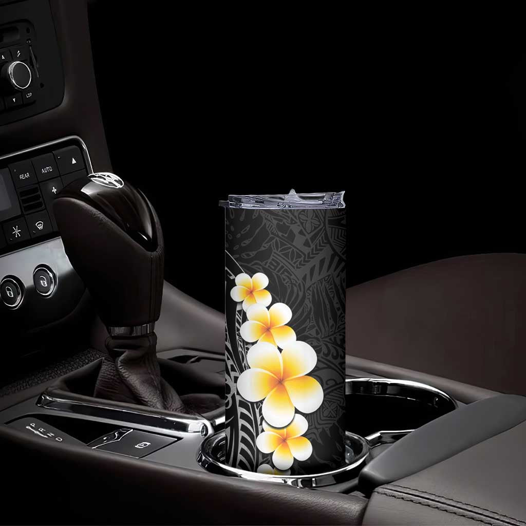Black Tropical Plumeria With Galaxy Polynesian Art Skinny Tumbler