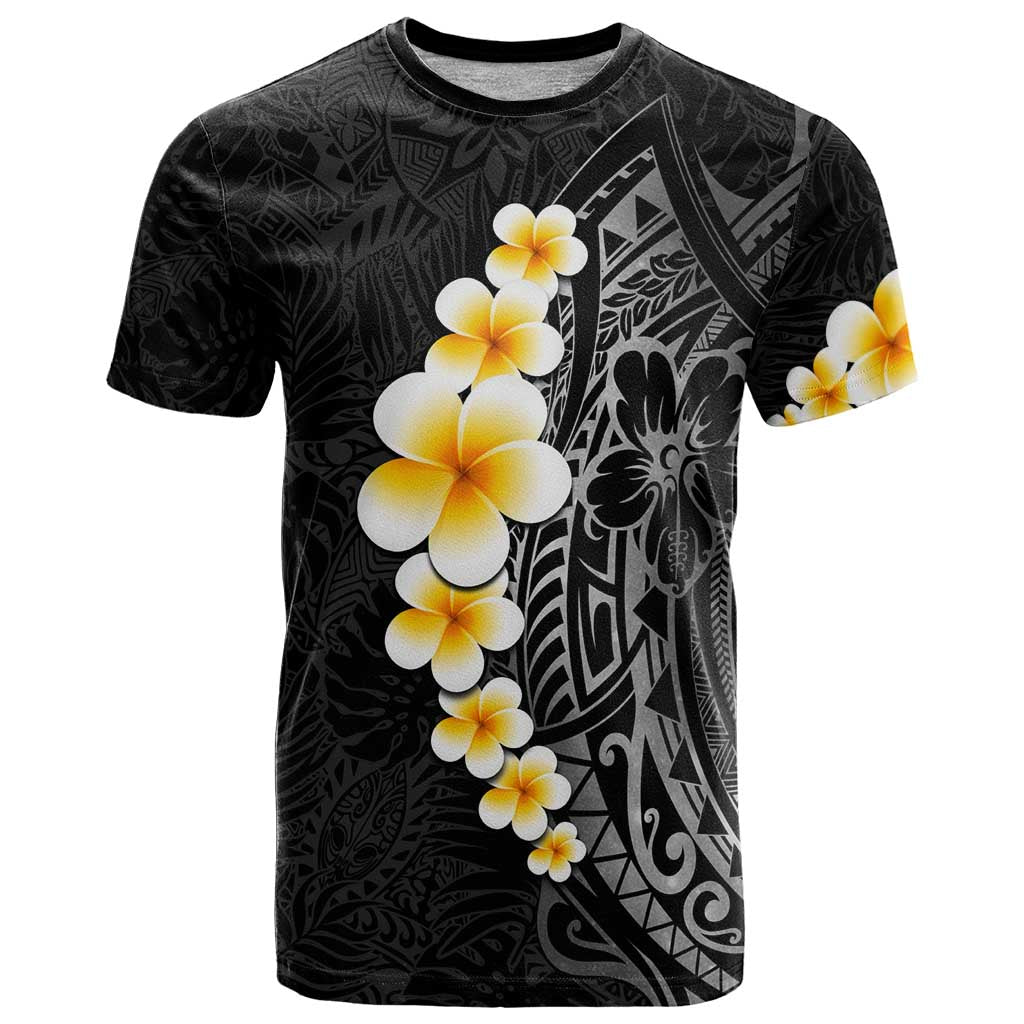 Black Tropical Plumeria With Galaxy Polynesian Art T Shirt