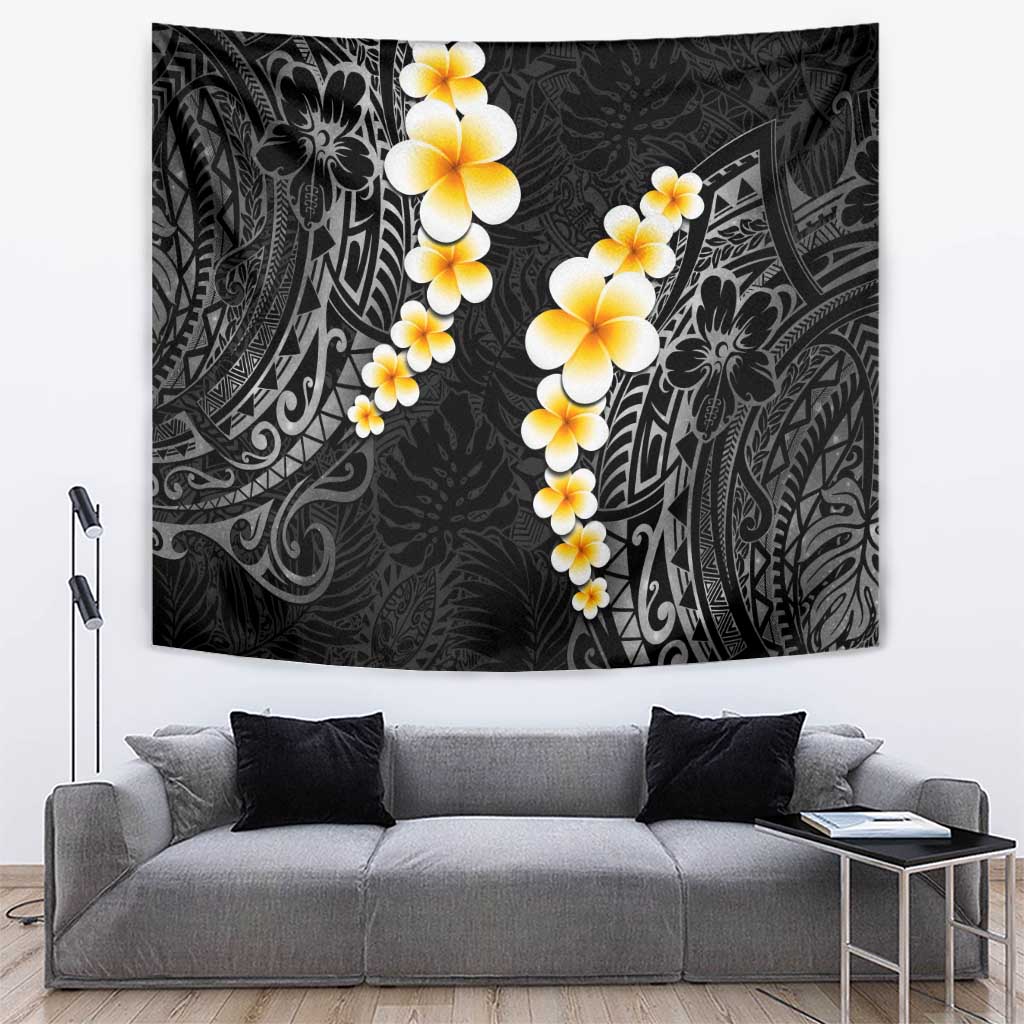 Black Tropical Plumeria With Galaxy Polynesian Art Tapestry