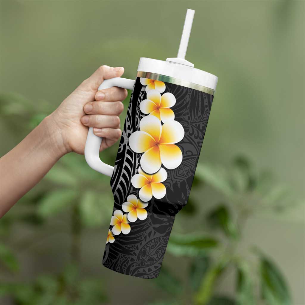Black Tropical Plumeria With Galaxy Polynesian Art Tumbler With Handle LT14 - Polynesian Pride
