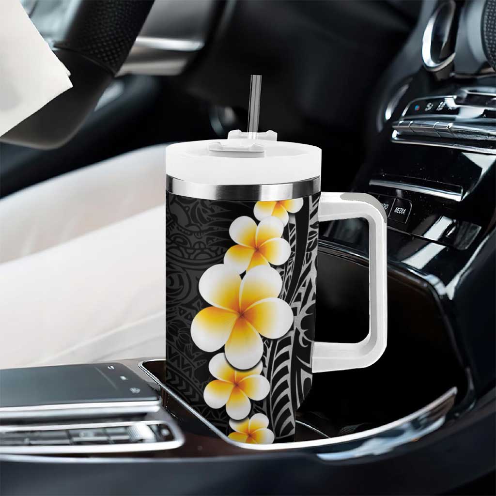 Black Tropical Plumeria With Galaxy Polynesian Art Tumbler With Handle LT14 - Polynesian Pride