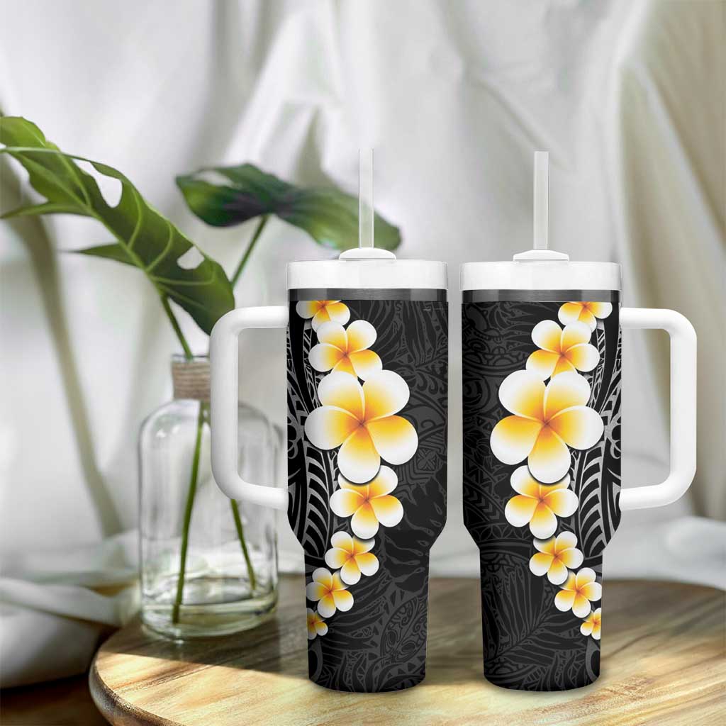 Black Tropical Plumeria With Galaxy Polynesian Art Tumbler With Handle LT14 - Polynesian Pride
