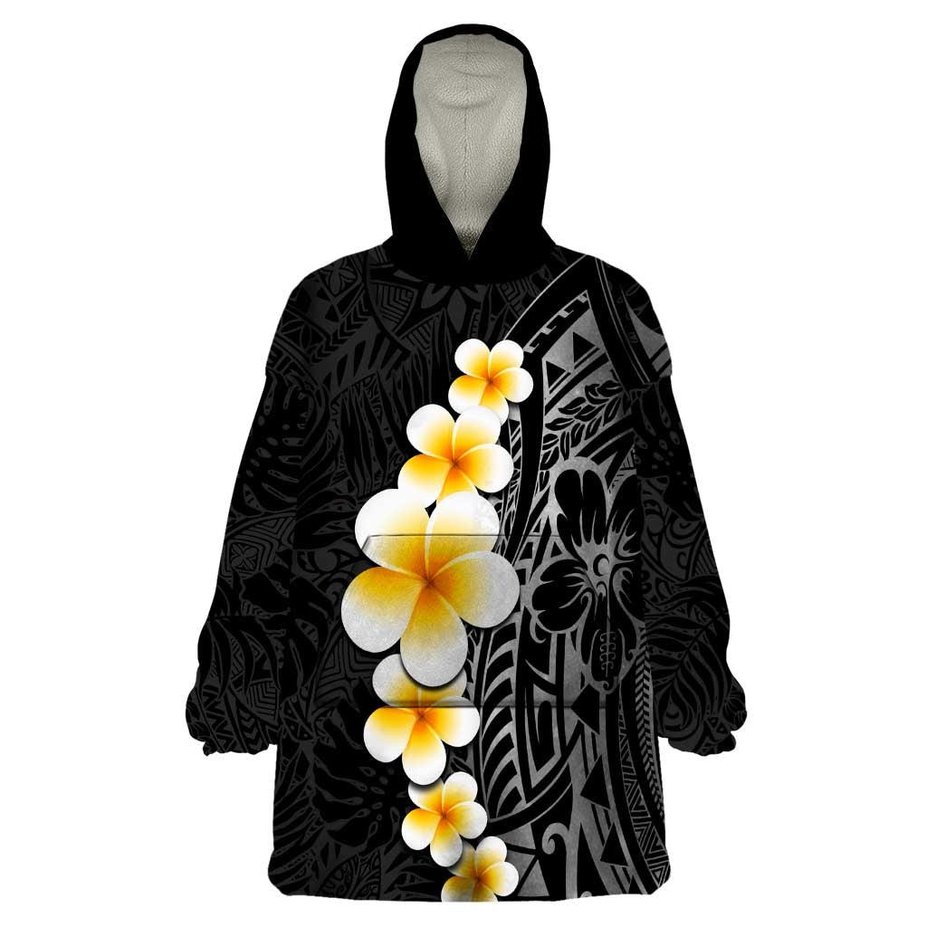 Black Tropical Plumeria With Galaxy Polynesian Art Wearable Blanket Hoodie