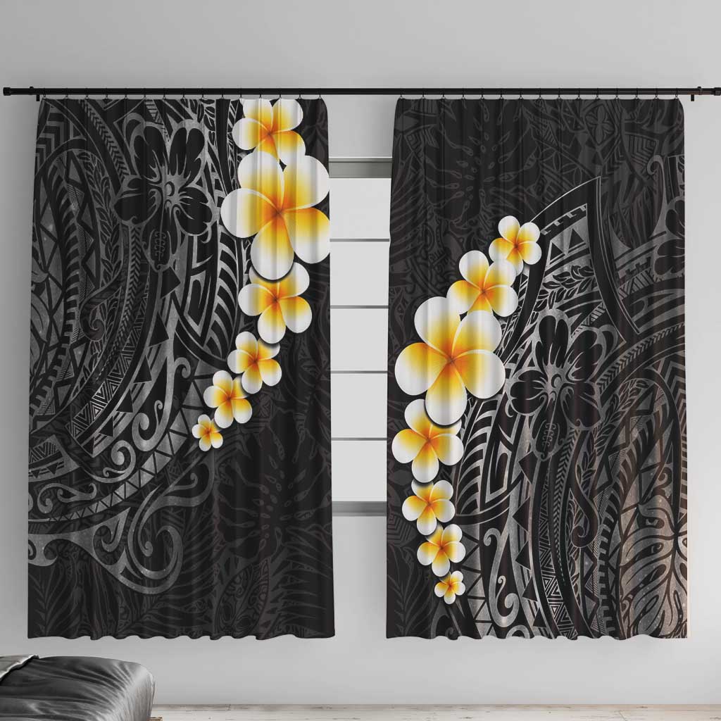 Black Tropical Plumeria With Galaxy Polynesian Art Window Curtain