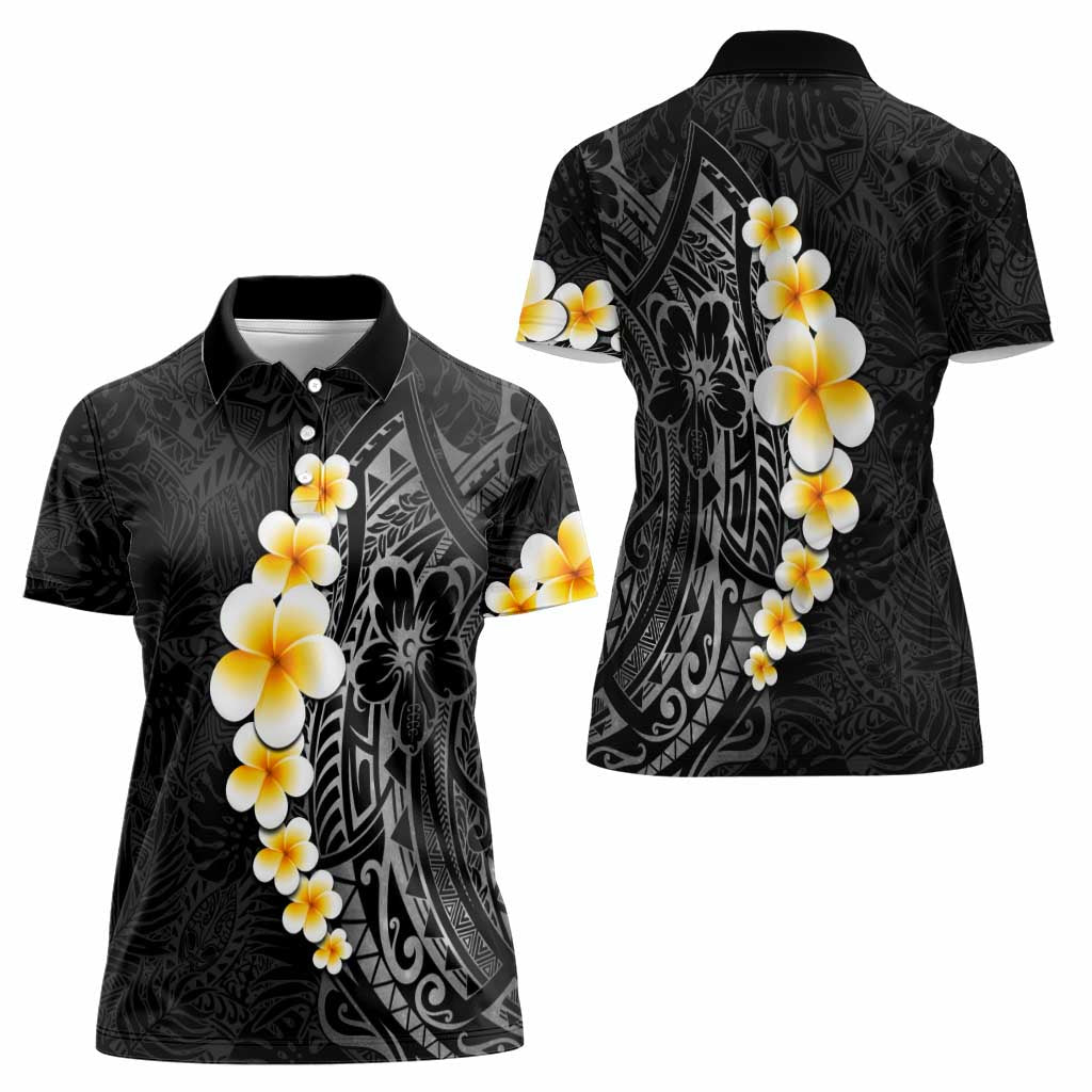 Black Tropical Plumeria With Galaxy Polynesian Art Women Polo Shirt