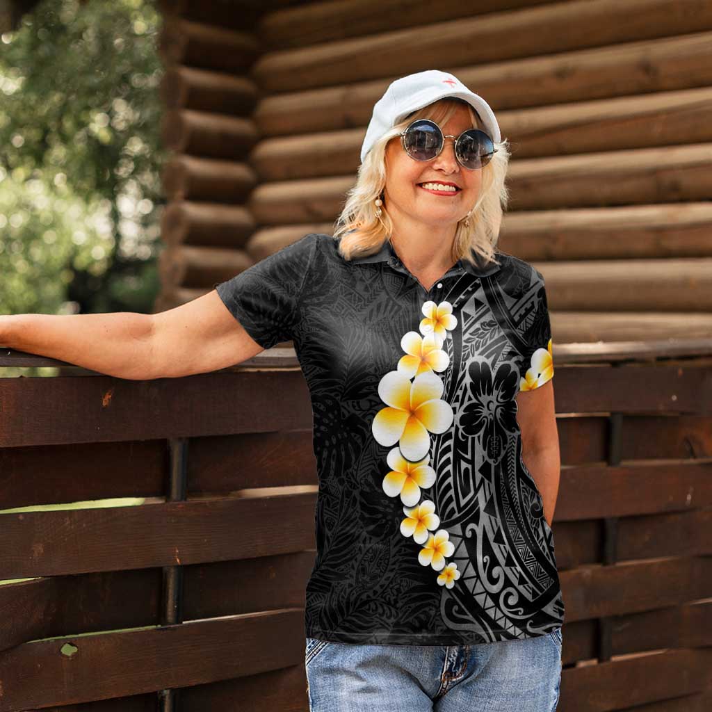 Black Tropical Plumeria With Galaxy Polynesian Art Women Polo Shirt