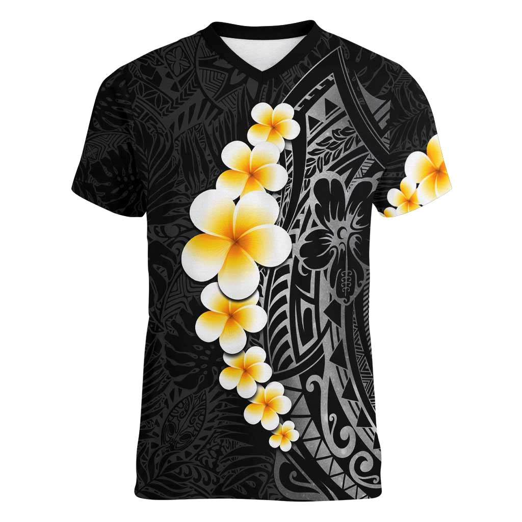 Black Tropical Plumeria With Galaxy Polynesian Art Women V-Neck T-Shirt