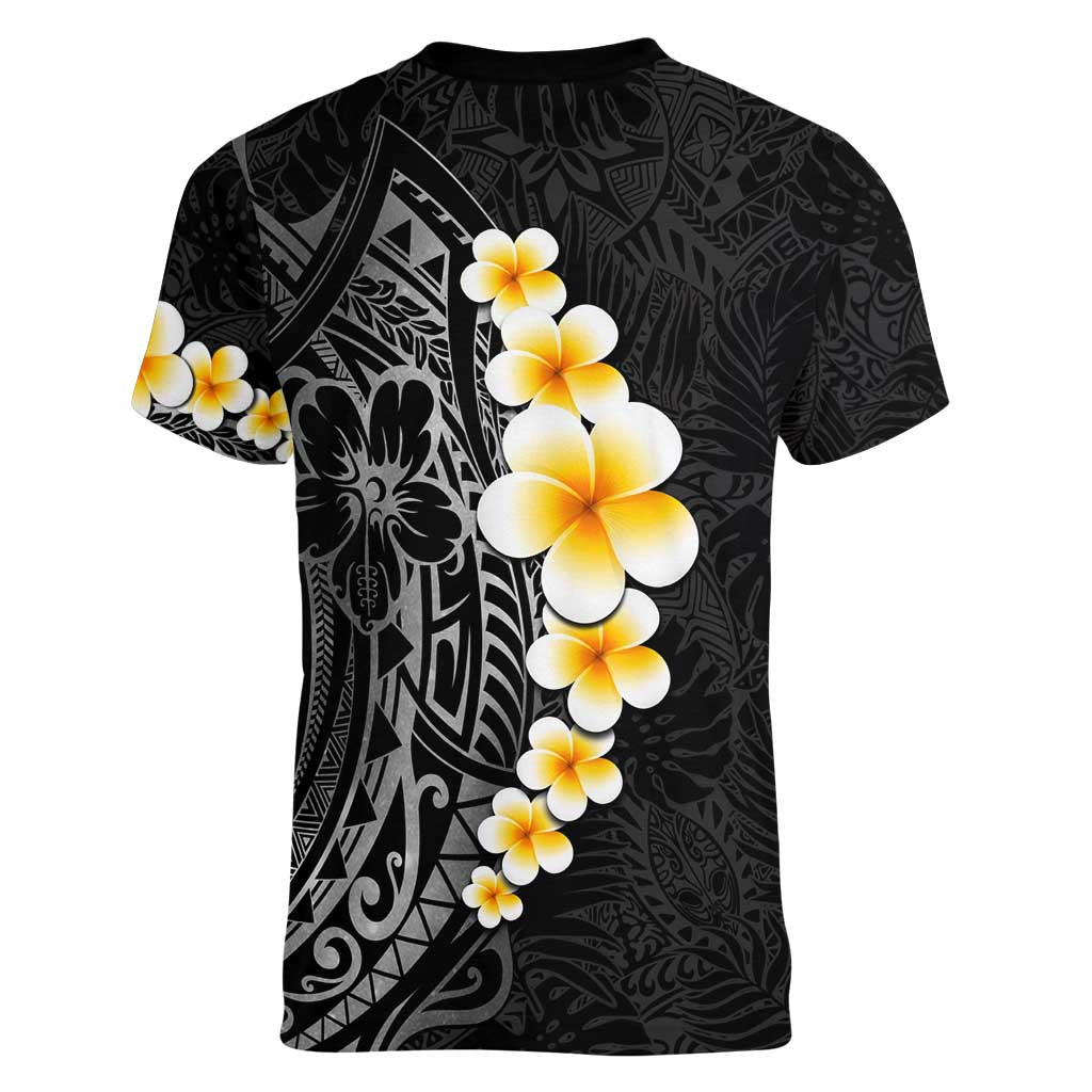 Black Tropical Plumeria With Galaxy Polynesian Art Women V-Neck T-Shirt