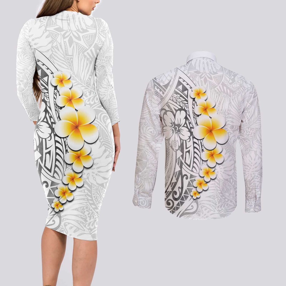 White Tropical Plumeria With Galaxy Polynesian Art Couples Matching Long Sleeve Bodycon Dress and Long Sleeve Button Shirt