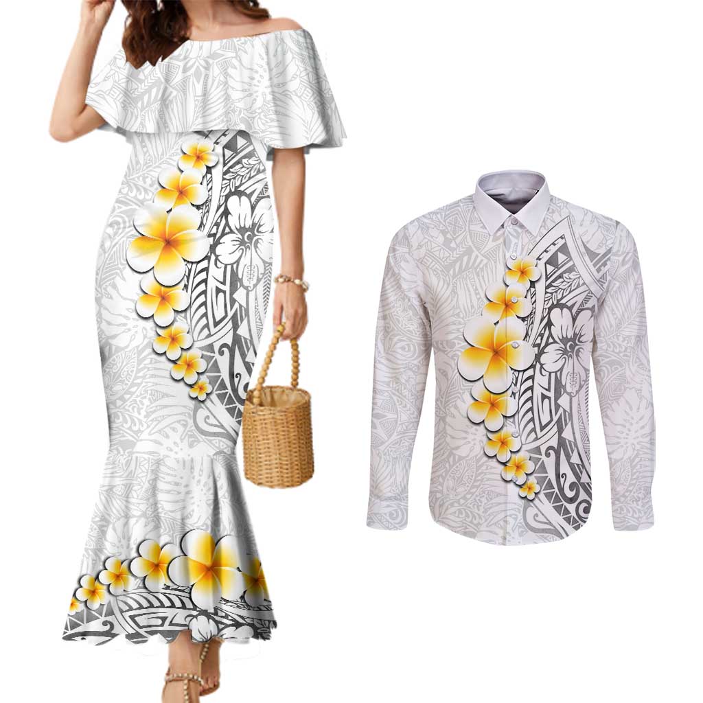 White Tropical Plumeria With Galaxy Polynesian Art Couples Matching Mermaid Dress and Long Sleeve Button Shirt LT14 White - Polynesian Pride