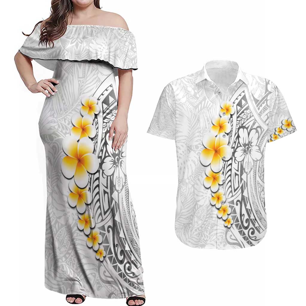 White Tropical Plumeria With Galaxy Polynesian Art Couples Matching Off Shoulder Maxi Dress and Hawaiian Shirt