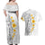 White Tropical Plumeria With Galaxy Polynesian Art Couples Matching Off Shoulder Maxi Dress and Hawaiian Shirt