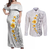 White Tropical Plumeria With Galaxy Polynesian Art Couples Matching Off Shoulder Maxi Dress and Long Sleeve Button Shirt LT14 White - Polynesian Pride