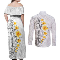 White Tropical Plumeria With Galaxy Polynesian Art Couples Matching Off Shoulder Maxi Dress and Long Sleeve Button Shirt LT14 - Polynesian Pride