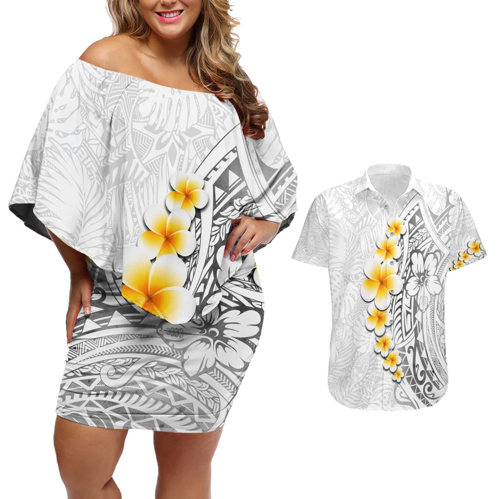 White Tropical Plumeria With Galaxy Polynesian Art Couples Matching Off Shoulder Short Dress and Hawaiian Shirt