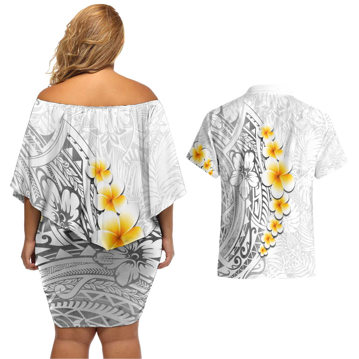 White Tropical Plumeria With Galaxy Polynesian Art Couples Matching Off Shoulder Short Dress and Hawaiian Shirt LT14 - Polynesian Pride
