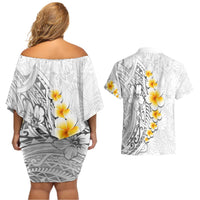 White Tropical Plumeria With Galaxy Polynesian Art Couples Matching Off Shoulder Short Dress and Hawaiian Shirt LT14 - Polynesian Pride