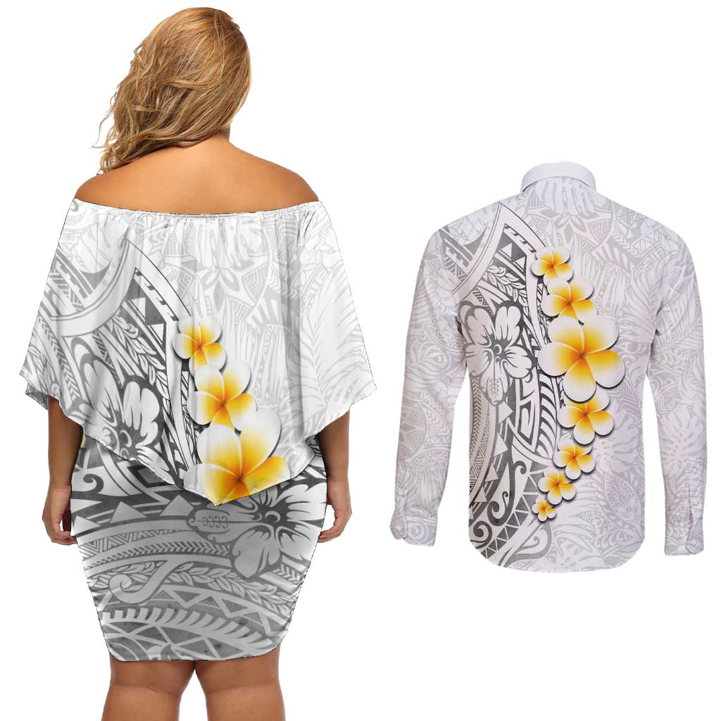 White Tropical Plumeria With Galaxy Polynesian Art Couples Matching Off Shoulder Short Dress and Long Sleeve Button Shirt LT14 - Polynesian Pride