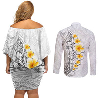 White Tropical Plumeria With Galaxy Polynesian Art Couples Matching Off Shoulder Short Dress and Long Sleeve Button Shirt LT14 - Polynesian Pride