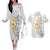 White Tropical Plumeria With Galaxy Polynesian Art Couples Matching Off The Shoulder Long Sleeve Dress and Hawaiian Shirt