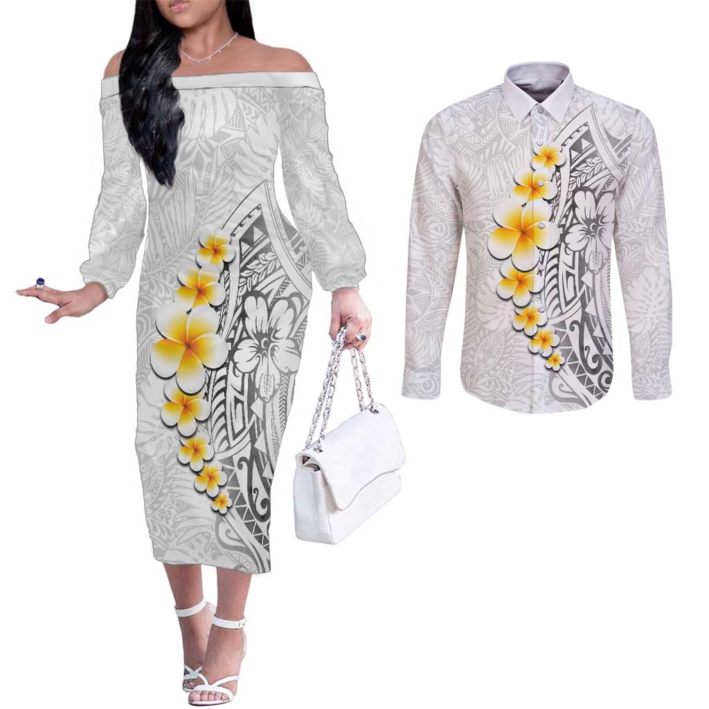 White Tropical Plumeria With Galaxy Polynesian Art Couples Matching Off The Shoulder Long Sleeve Dress and Long Sleeve Button Shirt LT14 White - Polynesian Pride