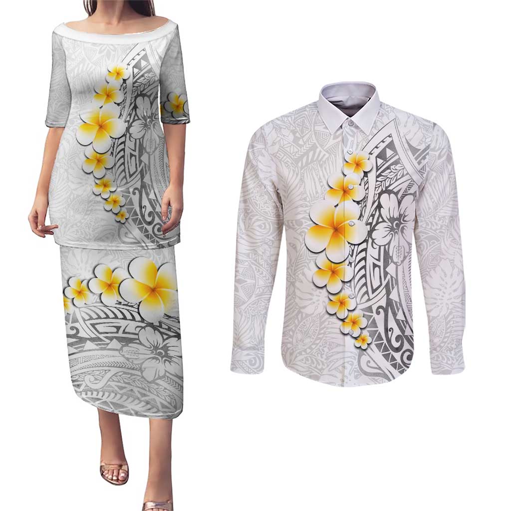 White Tropical Plumeria With Galaxy Polynesian Art Couples Matching Puletasi and Long Sleeve Button Shirt LT14 White - Polynesian Pride