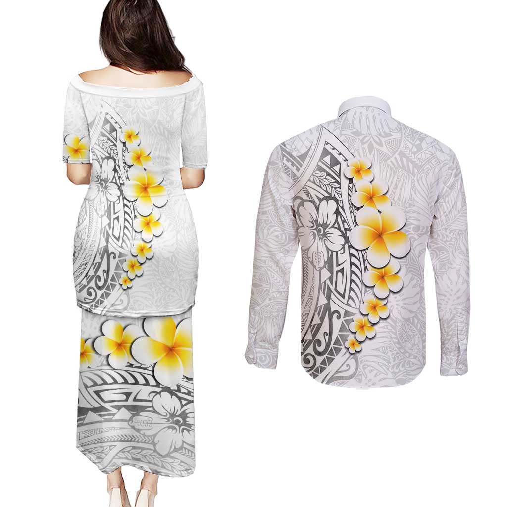 White Tropical Plumeria With Galaxy Polynesian Art Couples Matching Puletasi and Long Sleeve Button Shirt LT14 - Polynesian Pride