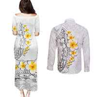 White Tropical Plumeria With Galaxy Polynesian Art Couples Matching Puletasi and Long Sleeve Button Shirt LT14 - Polynesian Pride