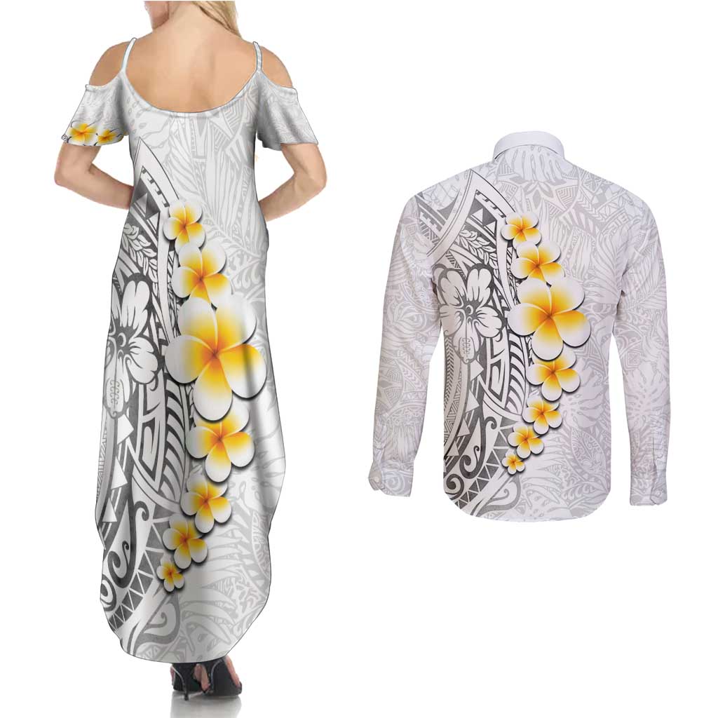 White Tropical Plumeria With Galaxy Polynesian Art Couples Matching Summer Maxi Dress and Long Sleeve Button Shirt LT14 - Polynesian Pride