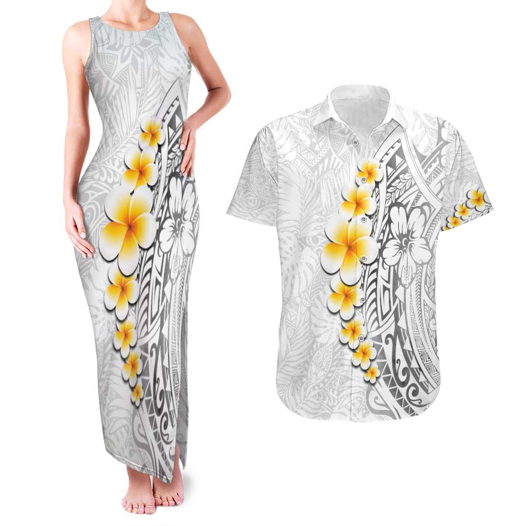 White Tropical Plumeria With Galaxy Polynesian Art Couples Matching Tank Maxi Dress and Hawaiian Shirt LT14 White - Polynesian Pride