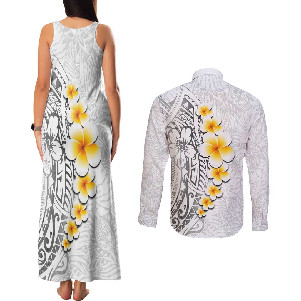 White Tropical Plumeria With Galaxy Polynesian Art Couples Matching Tank Maxi Dress and Long Sleeve Button Shirt LT14 - Polynesian Pride
