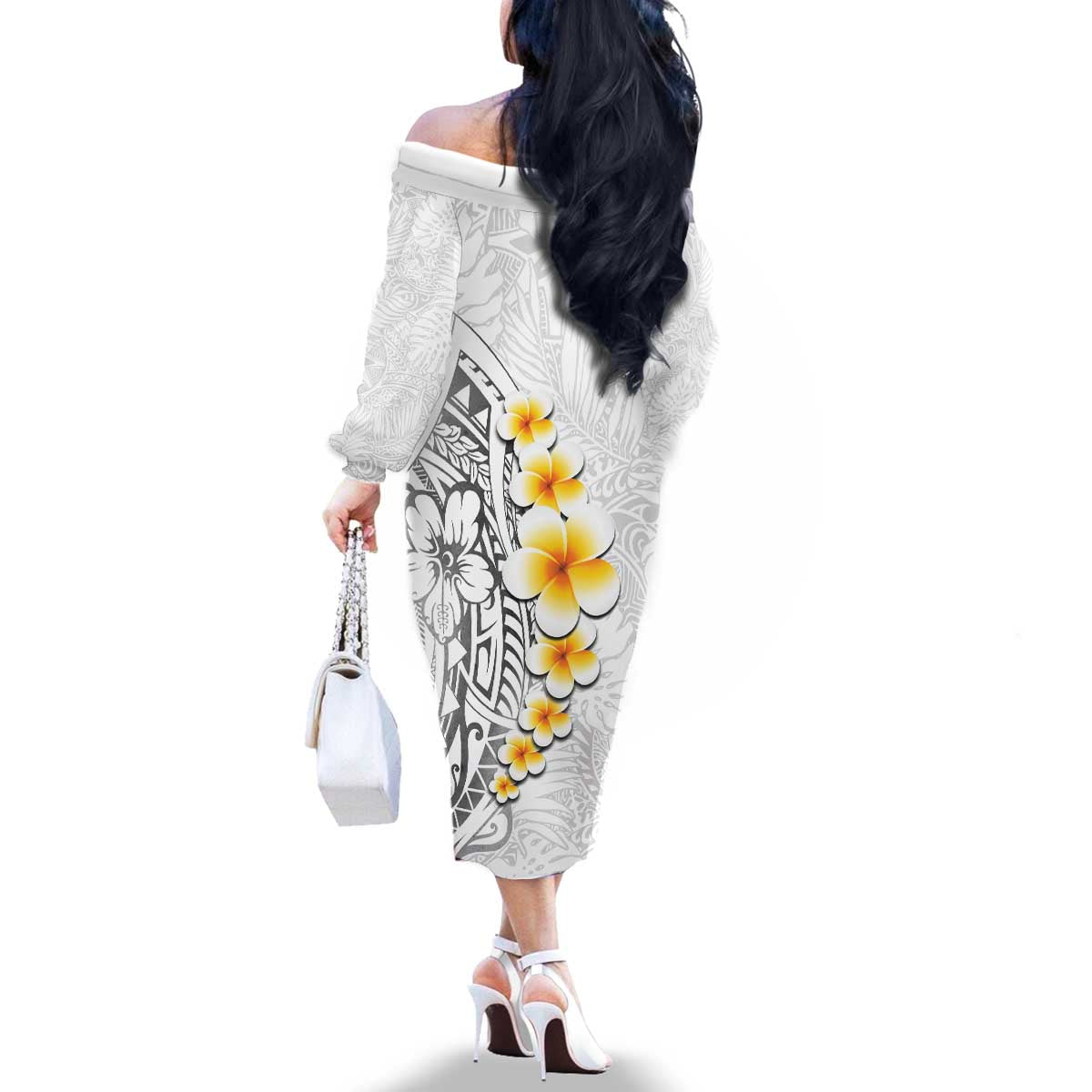 White Tropical Plumeria With Galaxy Polynesian Art Family Matching Off The Shoulder Long Sleeve Dress and Hawaiian Shirt