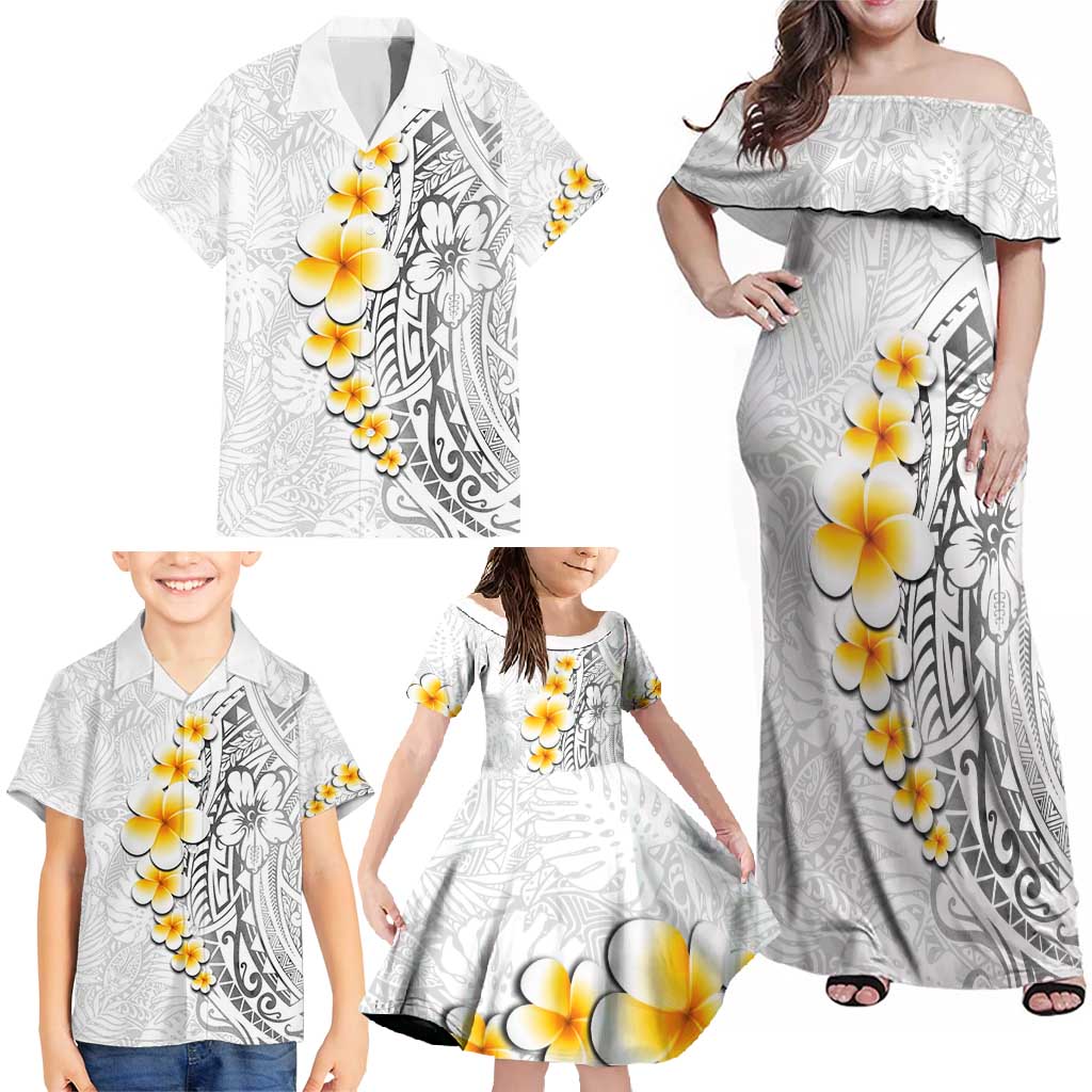 White Tropical Plumeria With Galaxy Polynesian Art Family Matching Off Shoulder Maxi Dress and Hawaiian Shirt