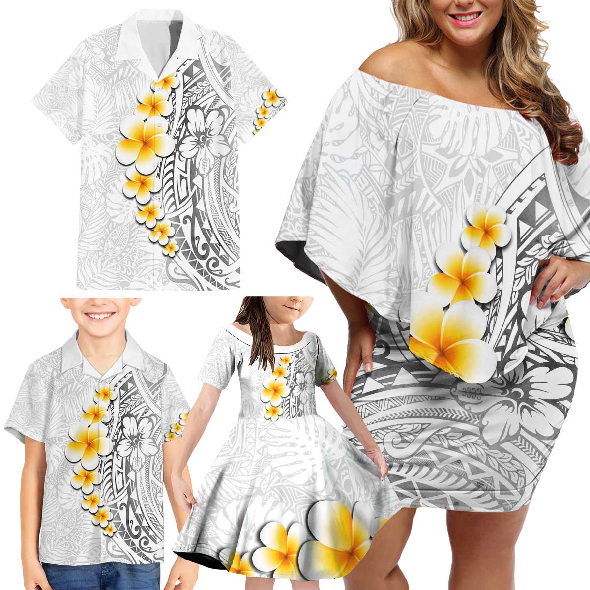 White Tropical Plumeria With Galaxy Polynesian Art Family Matching Off Shoulder Short Dress and Hawaiian Shirt