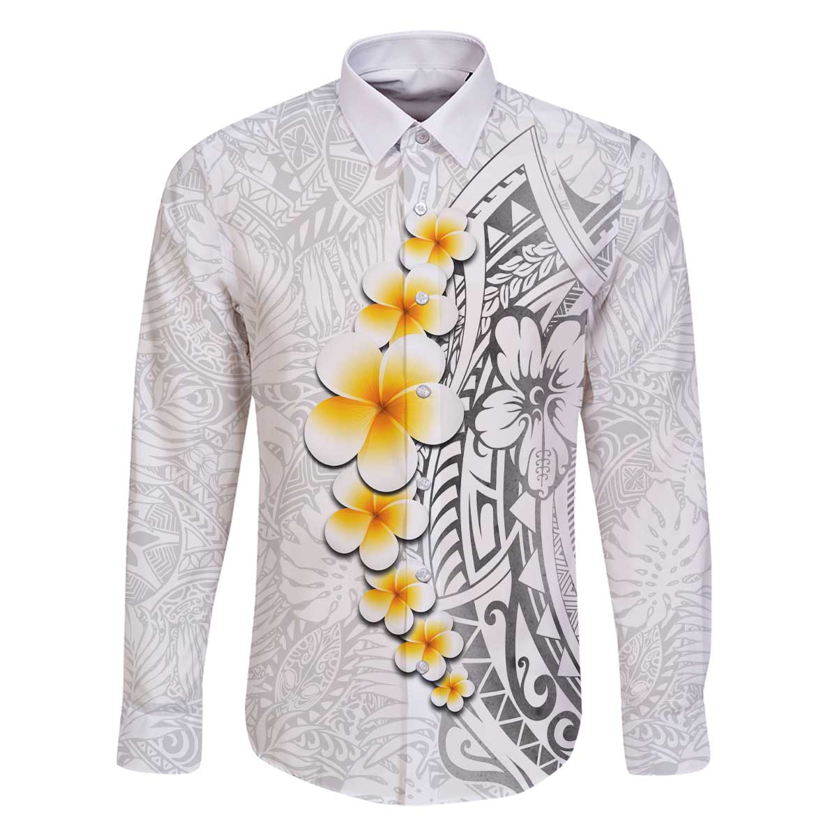 White Tropical Plumeria With Galaxy Polynesian Art Family Matching Puletasi and Hawaiian Shirt LT14 Dad's Shirt - Long Sleeve White - Polynesian Pride