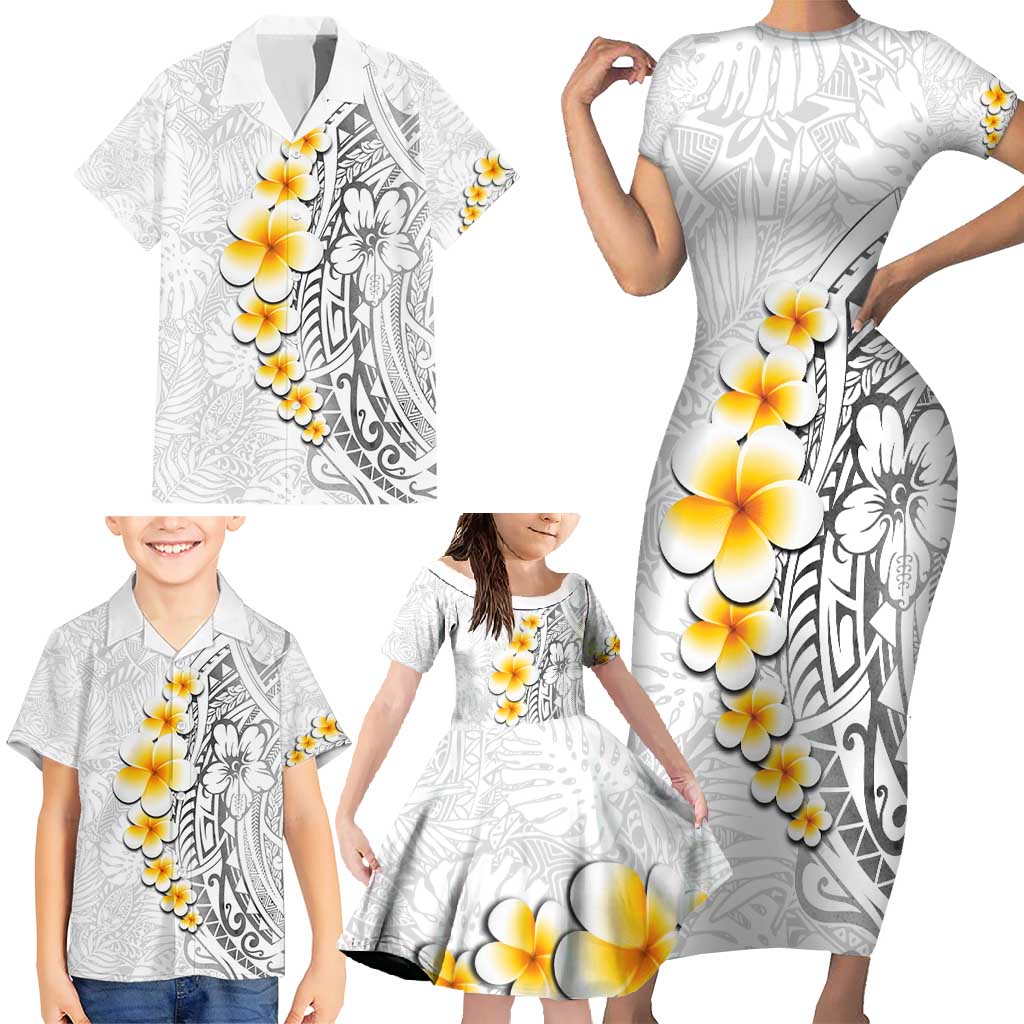 White Tropical Plumeria With Galaxy Polynesian Art Family Matching Short Sleeve Bodycon Dress and Hawaiian Shirt