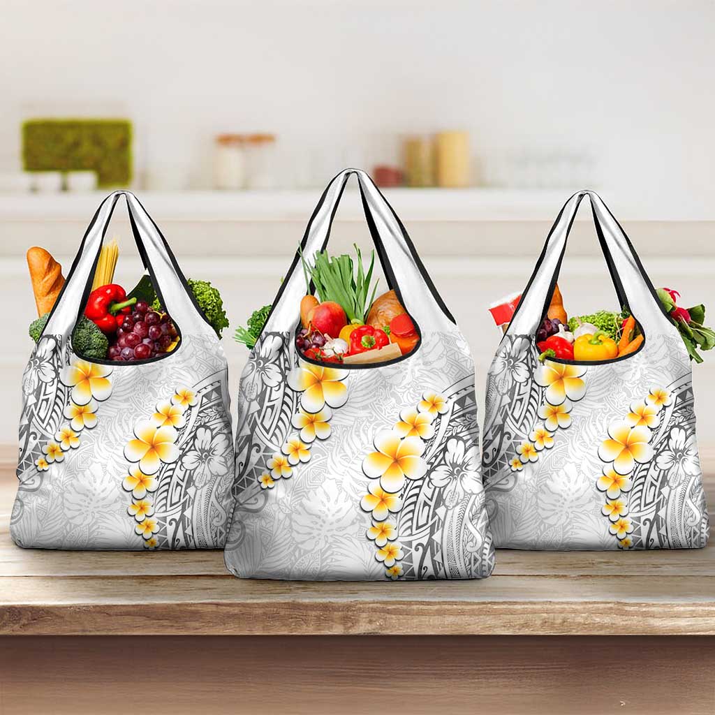 White Tropical Plumeria With Galaxy Polynesian Art Grocery Bag LT14 3-pack One Size White - Polynesian Pride