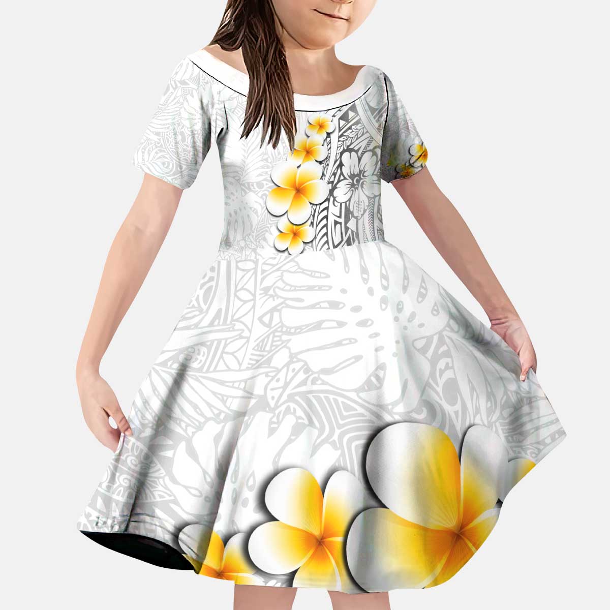 White Tropical Plumeria With Galaxy Polynesian Art Kid Short Sleeve Dress