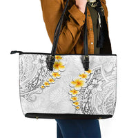 White Tropical Plumeria With Galaxy Polynesian Art Leather Tote Bag LT14 - Polynesian Pride