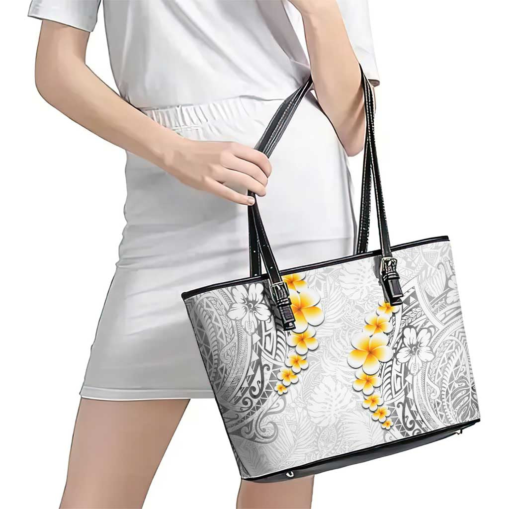White Tropical Plumeria With Galaxy Polynesian Art Leather Tote Bag LT14 - Polynesian Pride