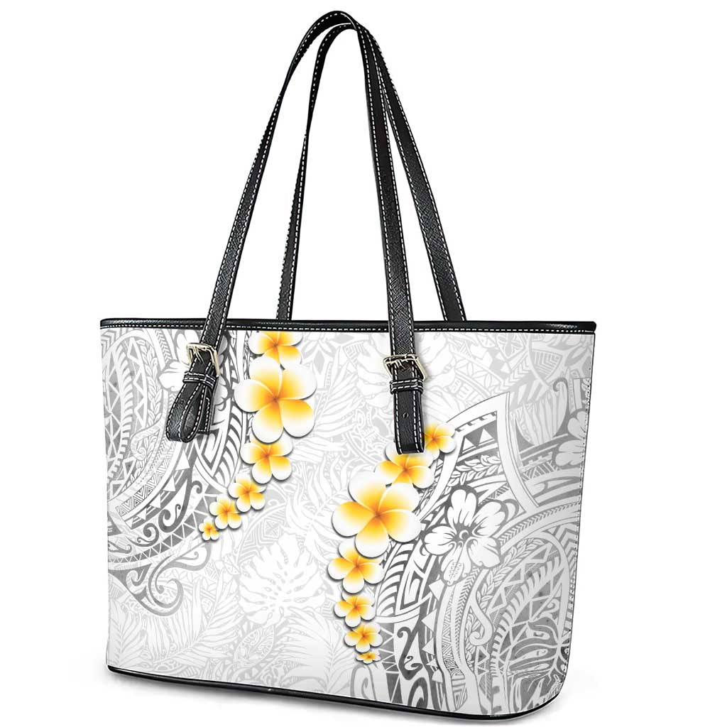 White Tropical Plumeria With Galaxy Polynesian Art Leather Tote Bag LT14 - Polynesian Pride