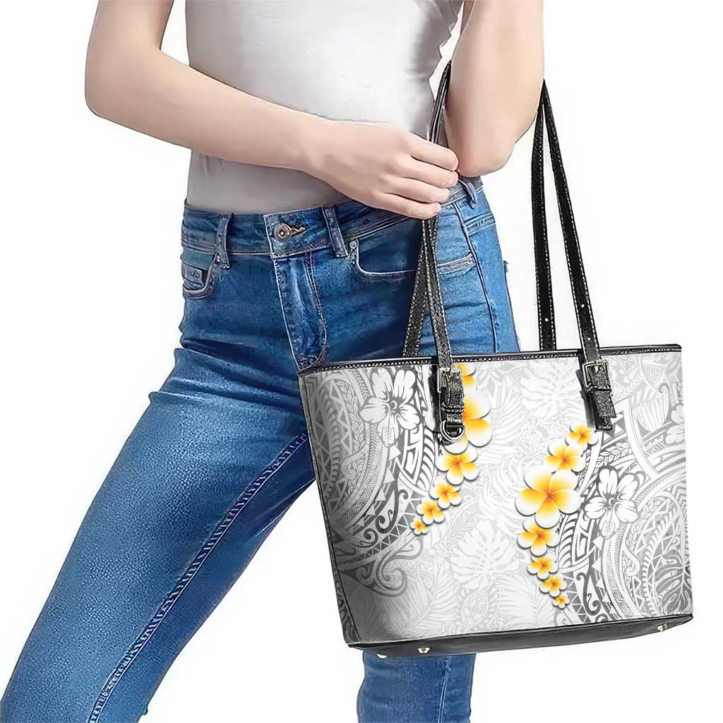 White Tropical Plumeria With Galaxy Polynesian Art Leather Tote Bag LT14 - Polynesian Pride