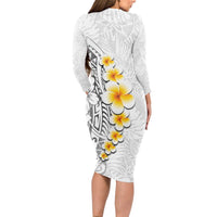 White Tropical Plumeria With Galaxy Polynesian Art Long Sleeve Bodycon Dress