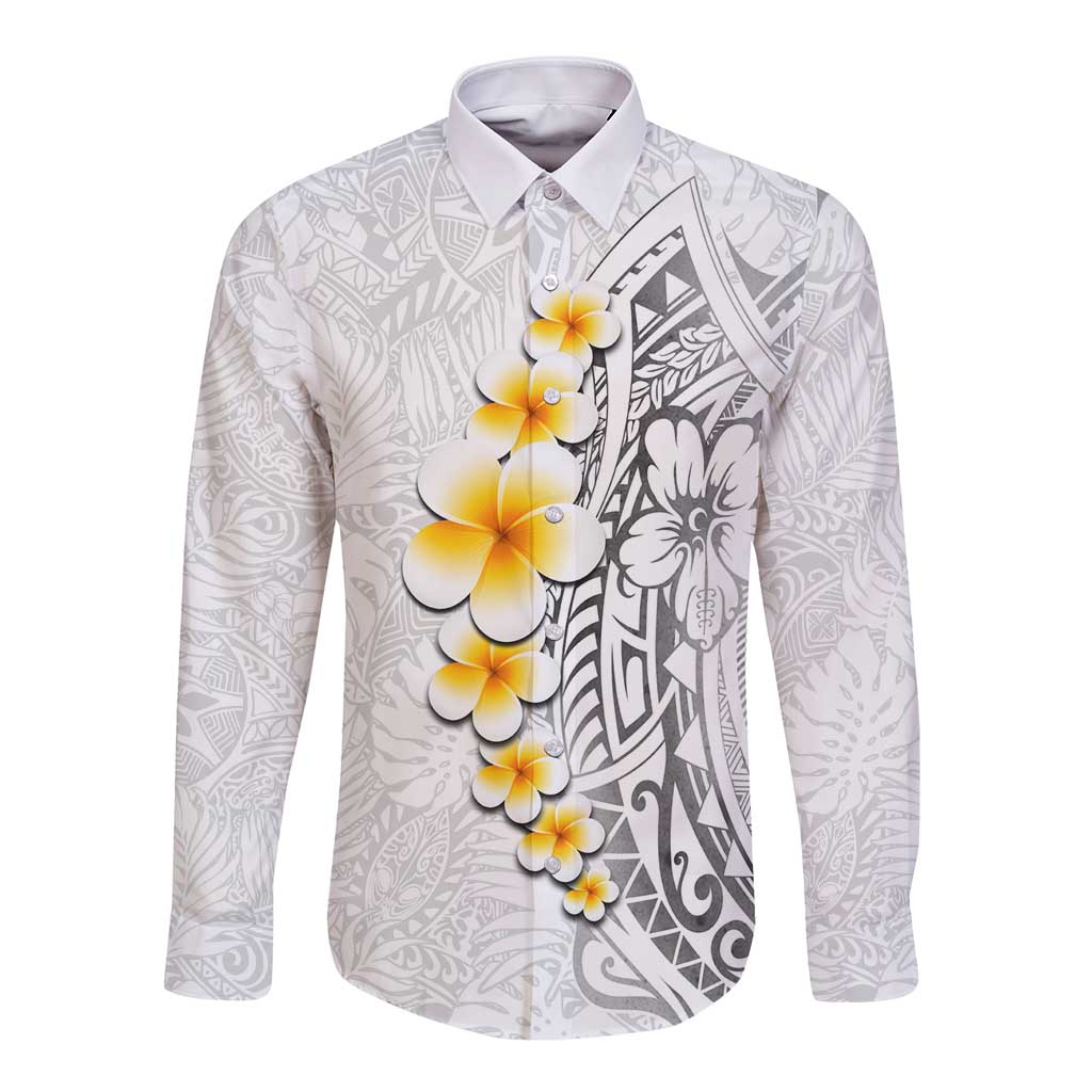 White Tropical Plumeria With Galaxy Polynesian Art Long Sleeve Button Shirt