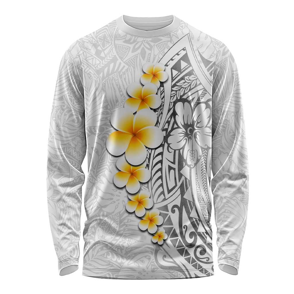 White Tropical Plumeria With Galaxy Polynesian Art Long Sleeve Shirt