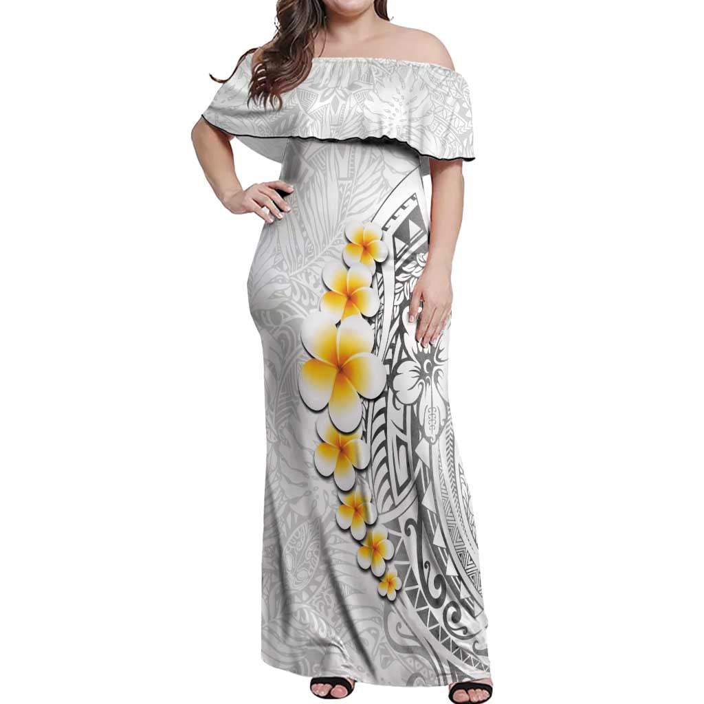 White Tropical Plumeria With Galaxy Polynesian Art Off Shoulder Maxi Dress LT14 Women White - Polynesian Pride