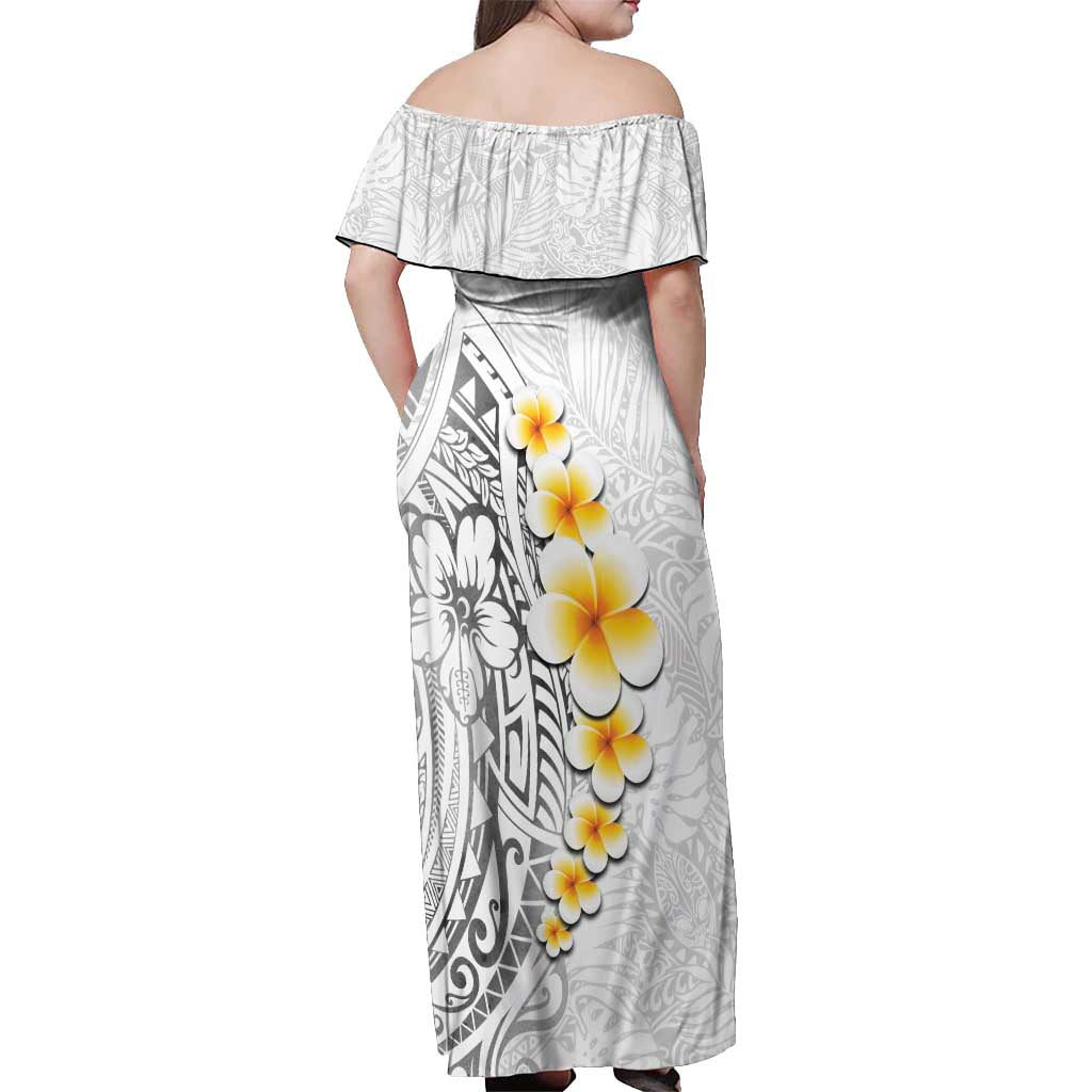 White Tropical Plumeria With Galaxy Polynesian Art Off Shoulder Maxi Dress LT14 - Polynesian Pride