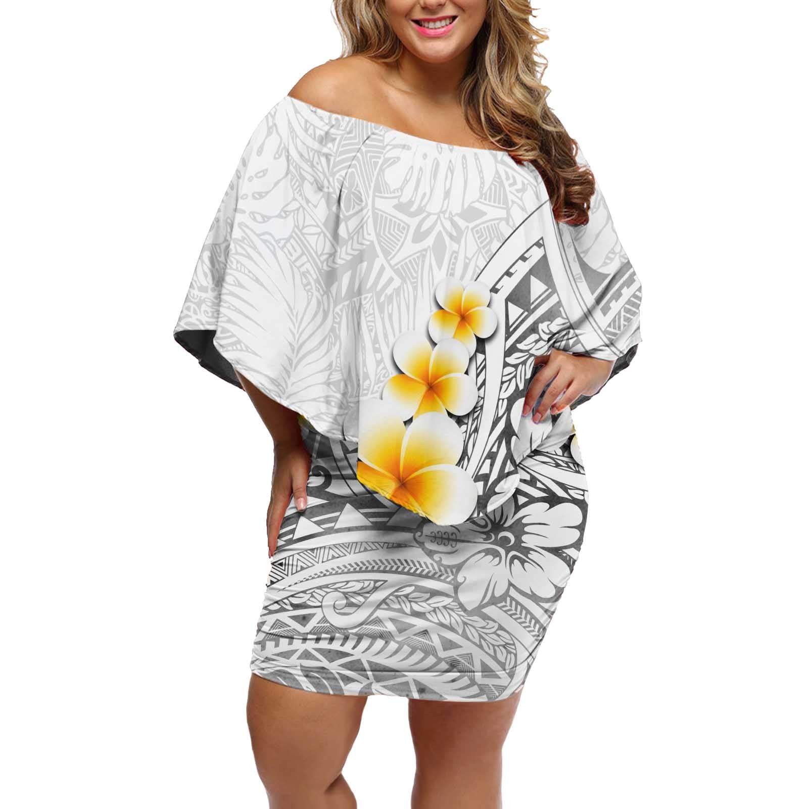 White Tropical Plumeria With Galaxy Polynesian Art Off Shoulder Short Dress