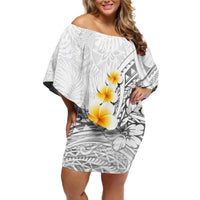 White Tropical Plumeria With Galaxy Polynesian Art Off Shoulder Short Dress LT14 Women White - Polynesian Pride